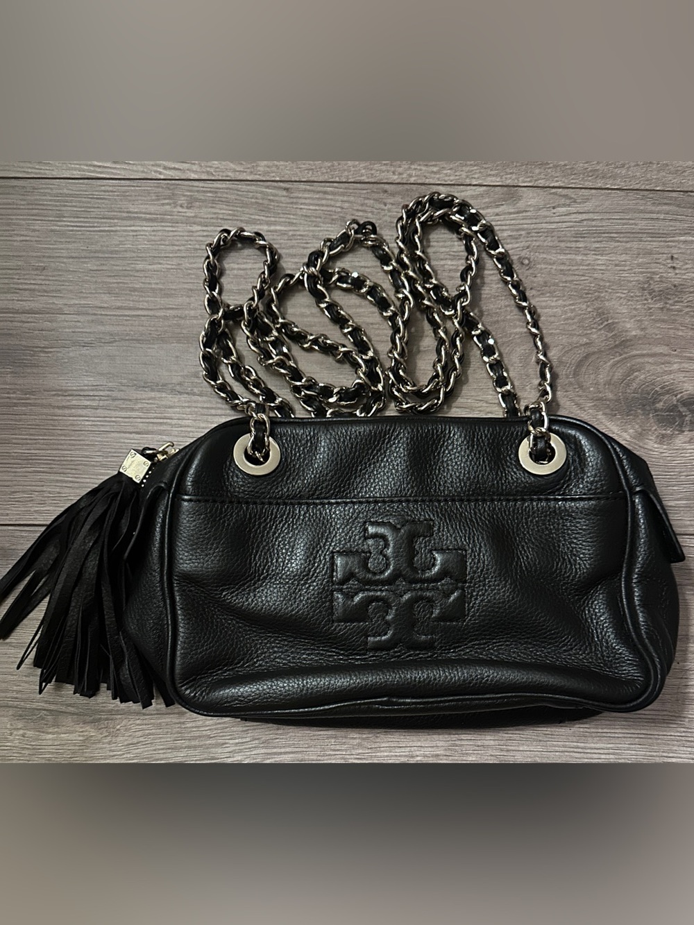 Tory Burch Black Leather Chain Shoulder Bag with Tassel Accent